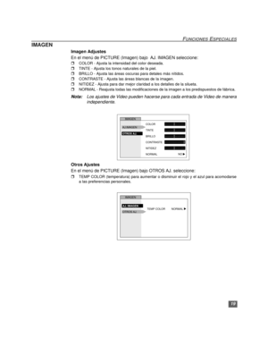 Page 4519
FUNCIONES ESPECIALES
IMAGEN
Imagen Adjustes
En el menú de PICTURE (Imagen) bajo  AJ. IMAGEN seleccione:
rCOLOR - Ajusta la intensidad del color deseada.
rTINTE - Ajusta los tonos naturales de la piel.
rBRILLO - Ajusta las áreas oscuras para detales más nítidos.
rCONTRASTE - Ajusta las áreas blancas de la imagen.
rNITIDEZ - Ajusta para dar mejor claridad a los detalles de la silueta.
rNORMAL - Reajusta todas las modificaciones de la imagen a los predispuestos de fábrica. 
Nota:Los ajustes de Video...