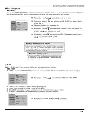 Page 57FONCTIONNEMENT AVEC MENUS À ICÔNES
19
MINUTERIE (suite)
MINUTERIE
Dans le menu TIMER (MINUTERIE), sélectionner minuterie pour mettre le téléviseur en et hors marche à une heure préréglée, au
canal de son choix, aux jours voulus. L’horloge doit avoir été réglée pour utiliser les fonctions de la minuterie.
AUDIO
Nota:Voir à la page 14 pour la marche à suivre pour la navigation au menu à icônes.
RÉG. AUDIO
MODE – Sélectionner STÉRÉO, SAP (seconde voie audio), ou MONO. (Sélectionner MONO si le signal...