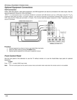 Page 86
OPTIONALEQUIPMENTCONNECTIONS
Optional Equipment Connections
VCR Connection
VCRs, video disc players, video game equipment, and DSS equipment can also be connected to the video inputs. See the
optional equipment manual for more information.
INPUT 1 is a dual-purpose input. It is primarily intended for connection with 480i devices such as a DVD player using the Y PBPR
component video jacks and Audio L & R jacks. However, it can also be connected to conventional composite video sources such as a
VCR,...