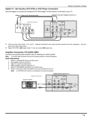 Page 9FRONTCONTROLPANEL
7
Digital TV - Set-Top Box (DTV-STB) or DVD Player Connection
Use this diagram to connect the Panasonic DTV-STB (Digital TV-Set-Top Box) to the back of your TV.
There are three video inputs, Y, PB, and PR. Separate component color inputs provide luminance and color separation. Use the L
(left) and R (right) audio inputs.
Select DTV-STB to480ioutput mode. TV set can receive480isignal only.
Amplifier Connection (TO AUDIO AMP)
Connect to an external audio amplifier input for listening...