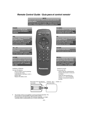 Page 8– 8 –
Remote Control Guide / Guía para el control remoto
POWER 
Press to turn ON and OFF.
Presione para ENCENDER y 
APAGAR.
VOL 
Press to adjust TV sound and 
navigate in menus.
Presione para ajustar el sonido 
de la televisión y accesar las 
opciones en los menús.
R-TUNE
Press to switch to the previously 
viewed channel or video mode.
Presione para regresar al canal 
previamente visto o modalidad 
de vídeo.
TV/VIDEO
Press to select TV or Video Mode.
Presione para seleccionar la 
modalidad de televisión...