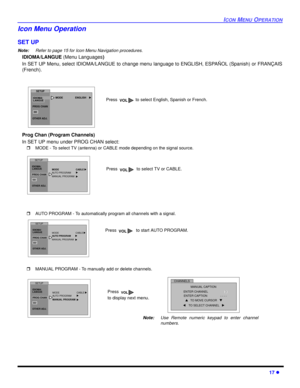 Page 19ICON MENU OPERATION
17 l
Icon Menu Operation 
SET UP
Note:Refer to page 15 for Icon Menu Navigation procedures. 
IDIOMA/LANGUE (Menu Languages)
In SET UP Menu, select IDIOMA/LANGUE to change menu language to ENGLISH, ESPAÑOL (Spanish) or FRANÇAIS
(French).
Prog Chan (Program Channels)
In SET UP menu under PROG CHAN select:
rMODE - To select TV (antenna) or CABLE mode depending on the signal source.
rAUTO PROGRAM - To automatically program all channels with a signal.
rMANUAL PROGRAM - To manually add or...