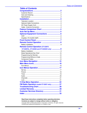 Page 3TABLE OF CONTENTS
1 l
Table of Contents
Congratulations ......................................................... 2
Customer Record ...................................................................... 2
Care and Cleaning..................................................................... 2
Specifications ............................................................................ 2
Installation.................................................................. 3
Television Location...