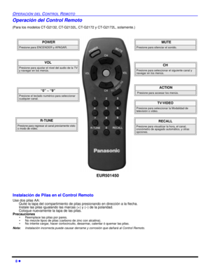 Page 468 l
OPERACIÓN DEL CONTROL REMOTO
Operación del Control Remoto 
(Para los modelos CT-G2132, CT-G2132L, CT-G2172 y CT-G2172L, solamente.) 
                POWER 
Presione para ENCENDER y APAGAR.
VOL
Presione para ajustar el nivel del audio de la TV
y navegar en los menús.
R-TUNE
Presione para regresar al canal previamente visto 
o modo de vídeo.
  MUTE
Presione para silenciar el sonido.
TV/VIDEO 
Presione para seleccionar la Modalidad de 
televisión o video.
RECALL
Presione para visualizar la hora, el...