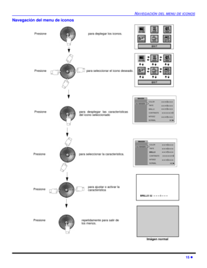 Page 53NAVEGACIÓN DEL MENU DE ICONOS
15 l
Navegación del menu de iconos  
Presione para deplegar los iconos.
Presione para seleccionar el icono deseado.
Presionepara desplegar las características
del icono seleccionado 
Presione para seleccionar la caracteristica.
Presione
COLOR
TINTE
BRILLO
CONTRASTE
NITIDEZ
NORMAL
NOu-- -- -- I -- -- -- 
 -- -- -- -- ---- -- -- -- -- -- I -- --
 -- I -- -- -- -- -- -- I -- -- -- 
-- -- -- I -- -- -- 
IMAGEN
AJ. IMAGEN
COLOR
TINTE
BRILLO
CONTRASTE
NITIDEZ
NORMAL
NOu-- -- -- I...