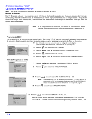 Page 6022 l
OPERACIÓN DEL MENU V-CHIP
Operación del Menu V-CHIP 
Nota:Vea la pág. 15 para los procedimientos de navegación del menú de iconos.
Mensaje de Bloqueo
Si el  V-Chip está activado y el programa excede el límite de clasificación ajustados por el usuario, aparecerá el mensaje
de bloqueo y el sonido será silenciado. Si desea continuar viendo el programa introduzca su código secreto.  Después de
introducir el código, todos los bloqueos y clasificaciones son desactivados hasta apagar la televisión o  hasta...