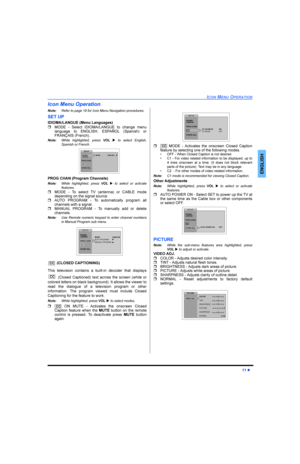 Page 13,&210(1823(5$7,21
l
(1*/,6+
,FRQ0HQX2SHUDWLRQ
1RWH5HIHUWRSDJHIRU,FRQ0HQX1DYLJDWLRQSURFHGXUHV
6(783
,,20$/$1*8(0HQX/DQJXDJHV
r02(  6HOHFW ,,20$/$1*8( WR FKDQJH PHQX
ODQJXDJH WR (1*/,6+ (63$f2/ 6SDQLVK RU
)5$1d$,6)UHQFK
1RWH:KLOH KLJKOLJKWHG SUHVV92/u WR VHOHFW (QJOLVK
6SDQLVKRU)UHQFK
352*&+$13URJUDP&KDQQHOV
1RWH:KLOH KLJKOLJKWHG SUHVV92/u WR VHOHFW RU DFWLYDWH
IHDWXUHV
r02(  7R VHOHFW 79 DQWHQQD RU &$%/( PRGH...