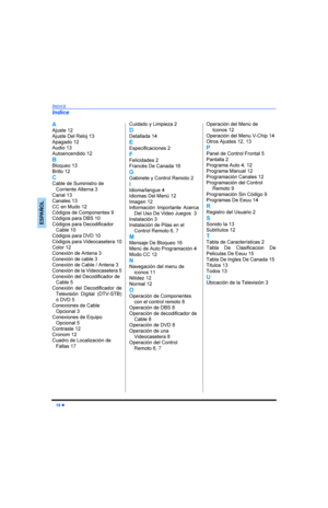 Page 38l
,1,&(
(63$f2/
$
$MXVWH
$MXVWHHO5HORM
$SDJDGR
$XGLR
$XWRHQFHQGLGR
%
%ORTXHR
%ULOOR
&
&DEOHGH6XPLQLVWURGH
&RUULHQWH$OWHUQD
&DQDO
&DQDOHV
&&HQ0XGR
&yGLJRVGH&RPSRQHQWHV
&yGLJRVSDUD%6
&yGLJRVSDUDHFRGLILFDGRU
&DEOH
&yGLJRVSDUD9
&yGLJRVSDUD9LGHRFDVHWHUD
&RORU
&RQH[LyQGH$QWHQD
&RQH[LyQGHFDEOH
&RQH[LyQGH&DEOH$QWHQD
&RQH[LyQGHOD9LGHRFDVHWHUD
&RQH[LyQGHOHFRGLILFDGRUGH
&DEOH
&RQH[LyQ GHO HFRGLILFDGRU GH
7HOHYLVLyQ...