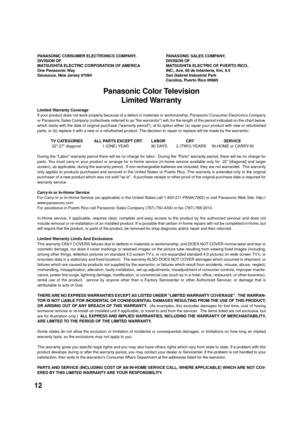 Page 1212
Limited Warranty Coverage
If your product does not work properly because of a defect in materials or workmanship, Panasonic Consumer Electronics Company
or Panasonic Sales Company (collectively referred to as Òthe warrantorÓ) will, for the length of the period indicated on the chart below,
which starts with the date of original purchase (warranty period), at its option either (a) repair your product with new or refurbished
parts, or (b) replace it with a new or a refurbished product. The decision to...