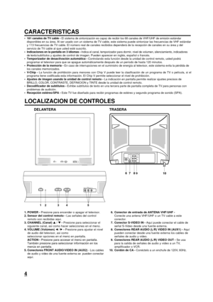 Page 164
ANT(75      )IN OUT
AUDIOR
L/MONOS-VIDEOVIDEO VIDEOAUDIOR
L/MONO
CARACTERISTICAS
LOCALIZACION DE CONTROLES
¥ 181 canales de TV cable - El sistema de sintonizaci—n es capaz de recibir los 68 canales de VHF/UHF de emisi—n est‡ndar
disponibles en su ‡rea. Al ser usado con un sistema de TV cable, este sistema puede sintonizar las frecuencias de VHF est‡ndar
y 113 frecuencias de TV cable. El nœmero real de canales recibidos depender‡ de la recepci—n de canales en su ‡rea y del
servicio de TV cable al que...