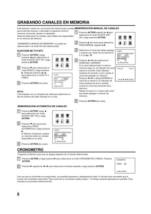 Page 208
GRABANDO CANALES EN MEMORIA
Este televisor cuenta con una función de memoria para canales
que le permite avanzar o retroceder al siguiente canal en
memoria, brincando canales no deseados.
Antes de seleccionar los canales, estos deben ser programados
en la memoria del televisor.
“GRABANDO CANALES EN MEMORIA” no puede ser
seleccionado si el modo AV está seleccionado.
ELECCION DE TV/CATV
Presione ACTION y luego
presione  para seleccionar el
modo AJUSTE (SET UP), luego
presione ACTION.
Presione  para...