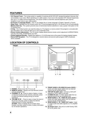 Page 44
FEATURES
LOCATION OF CONTROLS
• 181 Channel Tuner - The tuning system is capable of receiving all 68 VHF/UHF standard broadcast channels that
are available in your area. When operating on a cable system, it can tune to the standard VHF channel frequencies
plus up to 113 cable channel frequencies. The actual number of channels received depends upon channel
reception in your area or your cable system.
• On-Screen 3 Language Display - This TV can display the on screen language in English, Spanish or...