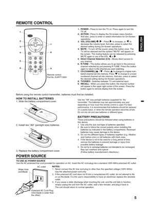 Page 55
ENGLISH
REMOTE CONTROL
CH
VOL
VOL
CH
RECALL
TV/VIDEO MUTE
R-TUNE
POWER
1
2
3
67
8
9
4
5
Remote control
Part No. EUR7713020
1. POWER - Press to turn the TV on. Press again to turn the
TV off.
2. ACTION - Press to display the On-screen menu function.
And also, press to enter or select information for On-Screen
operations.
3. VOL (VOLUME)
/ - Press to increase, or  to
decrease the volume level. And also, press to select the
desired setting during On-Screen operations.
4. MUTE - To turn off the sound,...