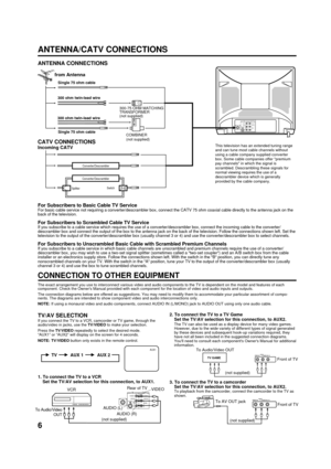 Page 66
This television has an extended tuning range
and can tune most cable channels without
using a cable company supplied converter
box. Some cable companies offer premium
pay channels in which the signal is
scrambled. Descrambling these signals for
normal viewing requires the use of a
descrambler device which is generally
provided by the cable company.
ANTENNA/CATV CONNECTIONS
For Subscribers to Basic Cable TV ServiceFor basic cable service not requiring a converter/descrambler box, connect the CATV 75 ohm...