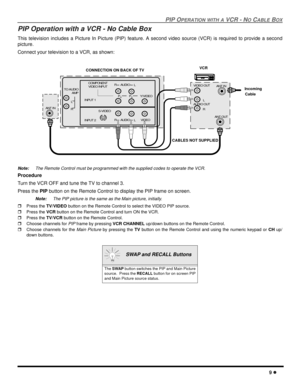 Page 11PIP OPERATION WITH AVCR - NOCABLEBOX
9
PIP Operation with a VCR - No Cable Box
This television includes a Picture In Picture (PIP) feature. A second video source (VCR) is required to provide a second
picture.
Connect your television to a VCR, as shown:
Note:The Remote Control must be programmed with the supplied codes to operate the VCR.
Procedure
Turn the VCR OFF and tune the TV to channel 3.
Press thePIPbutton on the Remote Control to display the PIP frame on screen.
Note:The PIP picture is the same...