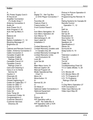 Page 39INDEX
37
A
AC Power Supply Cord 3
AI Sound 24
Amplifier Connection
(To Audio Amp) 7
Antenna Connection 3
Audio 24
Auto Power On 21
Auto Program 5, 20
AutoSetUpMenu5
B
Balance 24
Bass 24
Battery Installation 11, 12
Blocking Message 27
Brightness 22
C
Cabinet and Remote Control 2
Cable / Antenna Connection 3
Cable Connection 3
Canadian English 30
Canadian English
Ratings Chart 30
Canadian French 31
Canadian French
Ratings Chart 31
Care and Cleaning 2
Carry-in or In-Home
Service 33
Caution 3
Channels 25...