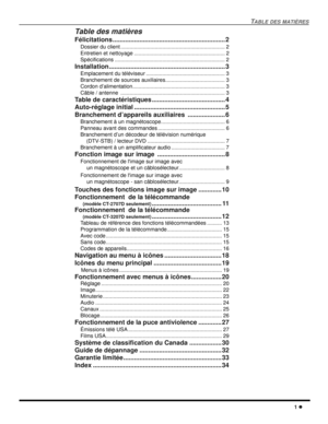 Page 43TABLE DES MATIÈRES
1
Table des matières
Félicitations............................................................... 2
Dossier du client ...................................................................... 2
Entretien et nettoyage ............................................................. 2
Spécifications .......................................................................... 2
Installation................................................................. 3
Emplacement du téléviseur...