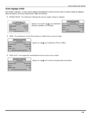 Page 47AUTO-RÉGLAGE INITIAL
5
Auto-réglage initial
Pour faciliter l’utilisation, un menu d’auto-réglage initial apparaît à l’écran lors de la mise en marche initiale de l’appareil.
Selon les besoins, suivre les directives pour régler les fonctions.
IDIOMA/LANGUE - Pour sélectionner l’affichage des menus en anglais, français ou espagnol.
MODE - Pour sélectionner le mode TÉLÉ (antenne) ou CÂBLE selon la source du signal.
PROG. AUTO - Pour programmer automatiquement tous les canaux avec un signal.Appuyer sur...