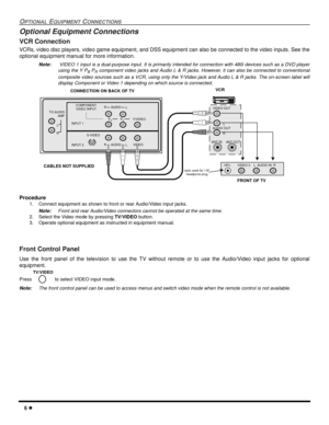 Page 86
OPTIONALEQUIPMENTCONNECTIONS
Optional Equipment Connections
VCR Connection
VCRs, video disc players, video game equipment, and DSS equipment can also be connected to the video inputs. See the
optional equipment manual for more information.
Note:VIDEO 1 input is a dual-purpose input. It is primarily intended for connection with 480i devices such as a DVD player
using the Y P
BPRcomponent video jacks and Audio L & R jacks. However, it can also be connected to conventional
composite video sources such as...