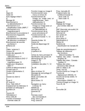 Page 7634
INDEX
A
Aigus 24
Audio 24
Auto-réglage initial 5
B
Blocage 26
Branchement à
la câblodistribution 3
Branchement à un
amplificateur audio (AMP) 7
Branchement à un
magnétoscope 6
Branchement à une antenne 3
Branchement d’appareils
auxiliaires 6
Branchement d’un décodeur
de télévision numérique 7
Branchement de sources
auxiliaires 3
Brillance 22
C
Câble / antenne 3
Canaux 25
Codes des appareils 16
Codes pour
câblosélecteurs 17
Codes pour lecteurs DVD 17
Codes pour
magnétoscopes 16
Codes pour récepteurs...