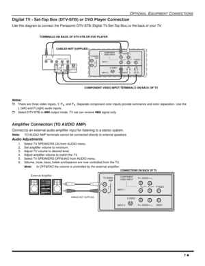 Page 9OPTIONALEQUIPMENTCONNECTIONS
7
Digital TV - Set-Top Box (DTV-STB) or DVD Player Connection
Use this diagram to connect the Panasonic DTV-STB (Digital TV-Set-Top Box) to the back of your TV.
Notes:
There are three video inputs, Y, PB,andPR. Separate component color inputs provide luminance and color separation. Use the
L (left) and R (right) audio inputs.
Select DTV-STB to480ioutput mode. TV set can receive480isignal only.
Amplifier Connection (TO AUDIO AMP)
Connect to an external audio amplifier input...