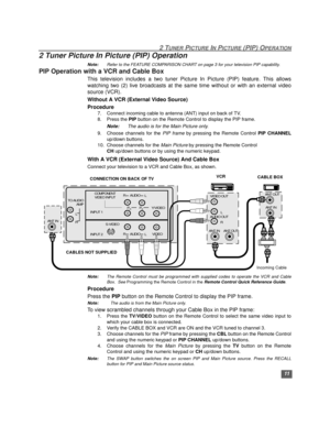 Page 1211
2 TUNER PICTURE IN PICTURE (PIP) OPERATION
2 Tuner Picture In Picture (PIP) Operation
Note:Refer to the FEATURE COMPARISON CHART on page 3 for your television PIP capability. 
PIP Operation with a VCR and Cable Box
This television includes a two tuner Picture In Picture (PIP) feature. This allows
watching two (2) live broadcasts at the same time without or with an external video
source (VCR).
Without A VCR (External Video Source)
Procedure
7. Connect incoming cable to antenna (ANT) input on back of...
