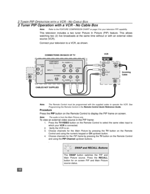 Page 1312
2 TUNER PIP OPERATION WITH A VCR - NO CABLE BOX
2 Tuner PIP Operation with a VCR - No Cable Box
Note:Refer to the FEATURE COMPARISON CHART on page 3 for your television PIP capability. 
This television includes a two tuner Picture In Picture (PIP) feature. This allows
watching two (2) live broadcasts at the same time without or with an external video
source (VCR). 
Connect your television to a VCR, as shown.
Note:The Remote Control must be programmed with the supplied codes to operate the VCR. See...