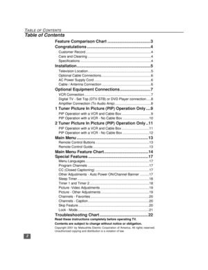 Page 32
TABLE OF CONTENTS
Table of Contents
Feature Comparison Chart ......................................3
Congratulations ........................................................4
Customer Record .....................................................................4
Care and Cleaning ...................................................................4
Specifications ...........................................................................4
Installation...