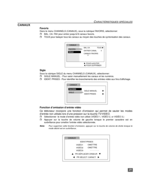 Page 4721
CARACTÉRISTIQUES SPÉCIALES
CANAUX
Favoris
Dans le menu CHANNELS (CANAUX), sous la rubrique FAVORIS, sélectionner: 
rBAL. CA. FAV pour entrer jusqu’à16 canaux favoris.
rTOUS pour balayer tous les canaux au moyen des touches de syntonisation des canaux.
 
Sigle
Sous la rubrique SIGLE du menu CHANNELS (CANAUX), sélectionner:
rSIGLE MANUEL - Pour saisir manuellement les canaux et les numéros. 
rIDENT. PRISES - Pour identifier les branchements des entrées vidéo aux fins d’affichage.   
Fonction d’omission...