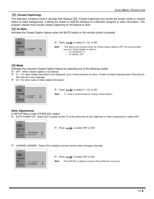 Page 19ICON MENU OPERATION
17 l
 (Closed Captioning)
This television contains a built-in decoder that displays   (Closed Captioned) text across the screen (white or colored
letters on black background). It allows the viewer to read the dialogue of a television program or other information. The
program viewed must include Closed Captioning for the feature to work.
 On Mute
   Activates the Closed Caption feature when the MUTE button on the remote control is pressed
 
 
     Mode
Activates the onscreen Closed...