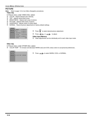 Page 2018 l
ICON MENU OPERATION
PICTURE
Note:Refer to page 14 for Icon Menu Navigation procedures. 
Video Adj. 
In Picture menu under VIDEO ADJ. select:
rCOLOR - Adjusts desired color intensity.
rTINT - Adjusts natural flesh tones.
rBRIGHTNESS - Adjusts dark areas of picture.
rPICTURE - Adjusts white areas of picture.
rSHARPNESS - Adjusts clarity of outline detail.
rNORMAL - Reset all picture adjustments to factory default settings.
Other Adj. 
In Picture menu under OTHER ADJ. select:
rCOLOR TEMP - To increase...