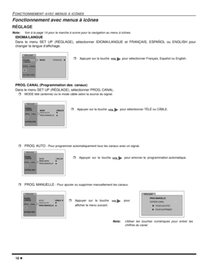 Page 5416 l
FONCTIONNEMENT AVEC MENUS À ICÔNES
Fonctionnement avec menus à icônes
RÉGLAGE
Nota:Voir à la page 14 pour la marche à suivre pour la navigation au menu à icônes. 
IDIOMA/LANGUE
Dans le menu SET UP (RÉGLAGE), sélectionner IDIOMA/LANGUE et FRANÇAIS, ESPAÑOL ou ENGLISH pour
changer la langue d’affichage.
  
PROG. CANAL (Programmation des  canaux)
Dans le menu SET UP (RÉGLAGE), sélectionner PROG. CANAL.
rMODE télé (antenne) ou le mode câble selon la source du signal.   
r
PROG. AUTO - Pour programmer...