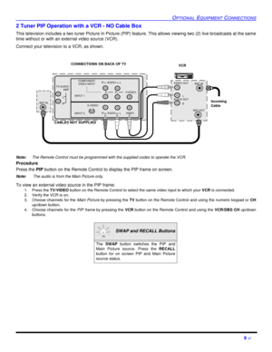 Page 11OPTIONAL EQUIPMENT CONNECTIONS9 ?2 Tuner PIP Operation with a VCR - NO Cable Box
This television includes a two tuner Picture In Picture (PIP) feature. This allows viewing two (2) live broadcasts at the same
time without or with an external video source (VCR). 
Connect your television to a VCR, as shown.
Note:The Remote Control must be programmed with the supplied codes to operate the VCR. 
Procedure 
Press the PIP button on the Remote Control to display the PIP frame on screen. 
Note: The audio is from...