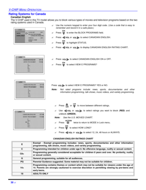 Page 3230 ?V-CHIP MENU OPERATIONRating Systems for Canada
Canadian English
The V-CHIP used in this TV model allows you to block various types of movies and television programs based on the two
rating systems used in Canada.  
 
      
.  
CANADIAN ENGLISH RATINGS CHARTE Exempt - Exempt programming includes: news, sports, documentaries and other information
programming, talk shows, music videos, and variety programming.CProgramming intended for children under age 8. No offensive language, nudity or sexual...