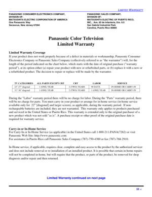 Page 35LIMITED WARRANTY33 ?PANASONIC CONSUMER ELECTRONICS COMPANY,PANASONIC SALES COMPANY,
DIVISION OF:DIVISION OF:
MATSUSHITA ELECTRIC CORPORATION OF AMERICAMATSUSHITA ELECTRIC OF PUERTO RICO, 
One Panasonic WayINC.,  Ave. 65 de Infanteria, Km. 9.5
Secaucus, New Jersey 07094San Gabriel Industrial Park
Carolina, Puerto Rico 00985
Panasonic Color Television 
Limited Warranty
Limited Warranty Coverage
If your product does not work properly because of a defect in materials or workmanship, Panasonic Consumer...