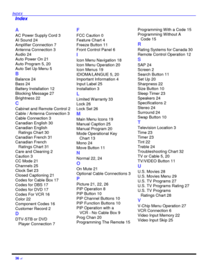 Page 3836 ?INDEXIndex
A
AC Power Supply Cord 3
AI Sound 24
Amplifier Connection 7
Antenna Connection 3
Audio 24
Auto Power On 21
Auto Program 5, 20
Auto Set Up Menu 5
B
Balance 24
Bass 24
Battery Installation 12
Blocking Message 27
Brightness 22
C
Cabinet and Remote Control 2
Cable / Antenna Connection 3
Cable Connection 3
Canadian English 30
Canadian English 
Ratings Chart 30
Canadian French 31
Canadian French 
Ratings Chart 31
Care and Cleaning 2
Caution 3
CC Mode 21
Channels 25
Clock Set 23
Closed Captioning...
