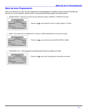 Page 47MENÚ DE AUTO PROGRAMACIÓN5 ?Menú de Auto Programación
Para su conveniencia, el menú de auto programación será desplegado en pantalla cuando el set sea encendido por 
primera vez. De ser necesario, siga los menús y los procedimientos para ajustar las caracteristicas. 
?IDIOMA/LANGUE - Seleccione el idioma del menú ENGLISH (Inglés), ESPAÑOL o FRANCAIS (Francés).
?MODO - Para seleccionar la modalidad de TV (antena) o CABLE dependiendo de la fuente de la señal.      
?PROGRAMA AUTO  - Para programar...