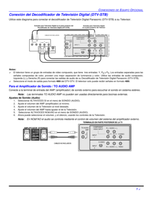 Page 49CONEXIONES DE EQUIPO OPCIONAL7 ?Conexión del Decodificador de Televisión Digital (DTV-STB)
Utilice este diagrama para conectar el decodificador de Televisión Digital Panasonic (DTV-STB) a su Televisor.    
Notas:
?El televisor tiene un grupo de entradas de video compuesto, que tiene  tres entradas: Y, P
B y P
R. Los entradas separadas para las
señales compuestas de color, proveen una mejor separación de luminancia y color. Utilice las entradas de audio compuesto;
Izquierda (L) y Derecha (R) para conectar...