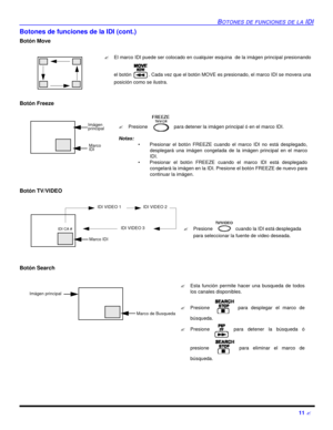Page 53BOTONES DE FUNCIONES DE LA IDI11 ?Botones de funciones de la IDI (cont.)
Botón Move 
Botón Freeze
Botón TV/VIDEO 
 
Botón Search 
 ?El marco IDI puede ser colocado en cualquier esquina  de la imágen principal presionando
el botón . Cada vez que el botón MOVE es presionado, el marco IDI se movera una
posición como se ilustra.Marco 
IDIImágen
principal?Presione  para detener la imágen principal ó en el marco IDI.
Notas:
•Presionar el botón FREEZE cuando el marco IDI no está desplegado,
desplegará una...