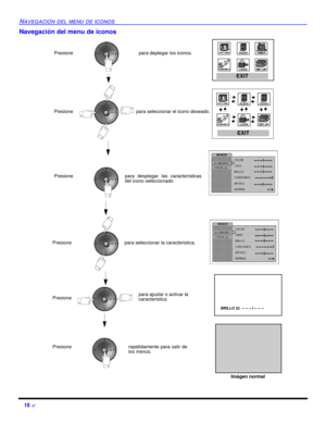 Page 6018 ?NAVEGACIÓN DEL MENU DE ICONOSNavegación del menu de iconos  Presionepara deplegar los iconos.Presionepara seleccionar el icono deseado.Presionepara desplegar las características
del icono seleccionado Presionepara seleccionar la caracteristica.Presionepara ajustar o activar la
caracteristica BRILLO 32  -- -- -- I -- -- -- Presionerepetidamente para salir de
los menús.Imágen normalEXITEXIT 