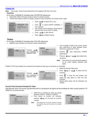 Page 67OPERACIÓN DEL MENÚ DE ICONOS25 ?CANALES
Nota:Vea la pág. 18 para los procedimientos de navegación del menú de iconos. 
Favoritos
   En el menu CHANNELS (Canales) bajo FAVORITOS seleccione:
?EXPLORA CANAL FAV para introducir hasta 16 canales favoritos.
?TODOS para explorar todos los canales cuando se usan los botones CH (Canal) arriba / abajo
   Titulos
   En el menu CHANNELS (Canales) bajo TITULOS seleccione:
?MANUAL para introducir los números y títulos manualmente
PONGA TITULO par clasificar las...