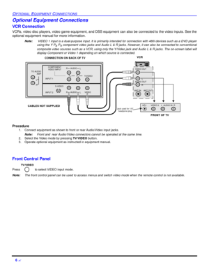 Page 86 ?OPTIONAL EQUIPMENT CONNECTIONSOptional Equipment Connections
VCR Connection
VCRs, video disc players, video game equipment, and DSS equipment can also be connected to the video inputs. See the
optional equipment manual for more information. 
Note: VIDEO 1 input is a dual-purpose input. It is primarily intended for connection with 480i devices such as a DVD player
using the Y P
B P
R component video jacks and Audio L & R jacks. However, it can also be connected to conventional
composite video sources...