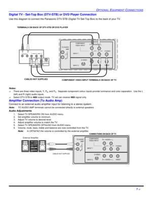 Page 9OPTIONAL EQUIPMENT CONNECTIONS7 ?Digital TV - Set-Top Box (DTV-STB) or DVD Player Connection
Use this diagram to connect the Panasonic DTV-STB (Digital TV-Set-Top Box) to the back of your TV.
Notes:
?There are three video inputs, Y, P
B, and P
R.  Separate component colour inputs provide luminance and color separation.  Use the L
(left) and R (right) audio inputs.
?Select DTV-STB to 480i output mode. TV set can receive 480i signal only.
Amplifier Connection (To Audio Amp)
Connect to an external audio...