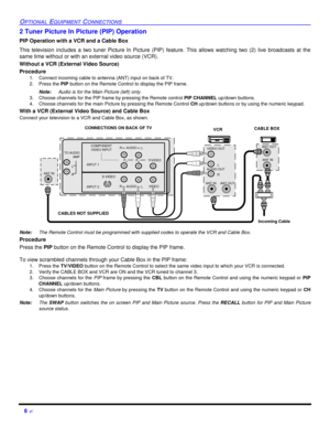 Page 108 ?OPTIONAL EQUIPMENT CONNECTIONS2 Tuner Picture In Picture (PIP) Operation
PIP Operation with a VCR and a Cable Box
This television includes a two tuner Picture In Picture (PIP) feature. This allows watching two (2) live broadcasts at the
same time without or with an external video source (VCR).
Without a VCR (External Video Source)
Procedure
1.Connect incoming cable to antenna (ANT) input on back of TV.
2.Press the PIP button on the Remote Control to display the PIP frame.
Note:Audio is for the Main...