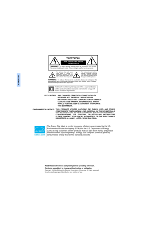 Page 2ENGLISHANY CHANGES OR MODIFICATIONS TO THIS TV 
RECEIVER NOT EXPRESSLY APPROVED BY
MATSUSHITA ELECTRIC CORPORATION OF AMERICA
COULD CAUSE HARMFUL INTERFERENCE, WHICH 
WOULD VOID THE USER’S AUTHORITY TO OPERATE
THIS EQUIPMENT.  FCC CAUTION:
THIS PRODUCT UTILIZES CATHODE RAY TUBES (CRT) AND OTHER
COMPONENTS THAT CONTAIN LEAD. DISPOSAL OF THESE MATERIALS
MAY BE REGULATED IN YOUR COMMUNITY DUE TO ENVIRONMENTAL
CONSIDERATIONS. FOR DISPOSAL OR RECYCLING INFORMATION
PLEASE CONTACT YOUR LOCAL AUTHORITIES, OR THE...
