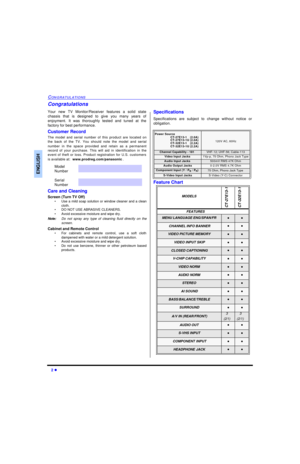 Page 42 lCONGRATULATIONSENGLISHCongratulations
Your new TV Monitor/Receiver features a solid state
chassis that is designed to give you many years of
enjoyment. It was thoroughly tested and tuned at the
factory for best performance.
Customer Record
The model and serial number of this product are located on
the back of the TV. You should note the model and serial
number in the space provided and retain as a permanent
record of your purchase. This will aid in identification in the
event of theft or loss. Product...