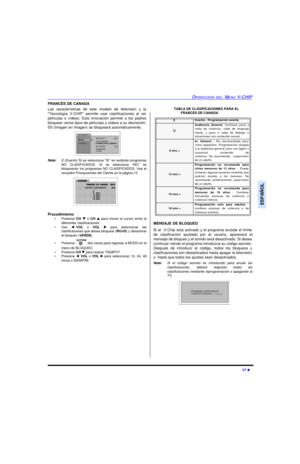 Page 37OPERACIÓN DEL MENU V-CHIP17 lESPAÑOLFRANCÉS DE CANADA
Las características de este modelo de televisión y la
“Tecnología V-CHIP” permite usar clasificaciones al ver
películas o vídeos. Esta innovación permite a los padres
bloquear varios tipos de películas y videos a su discreción.
IDI (Imagen en Imagen) se bloqueará automáticamente. 
Nota:E (Exento) Si se selecciona “SI” se recibirán programas
NO CLASIFICADOS. Si se selecciona “NO” se
bloquearán los programas NO CLASIFICADOS. Vea el
recuadro Precauciones...