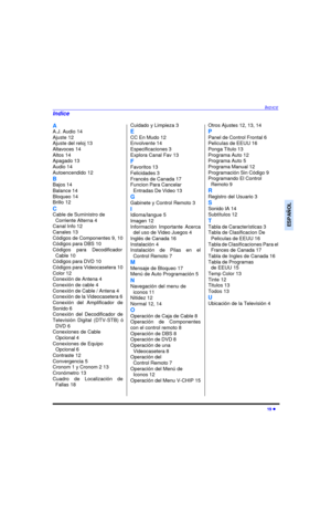 Page 39INDICE19 lESPAÑOLA
A.J. Audio 14
Ajuste 12
Ajuste del reloj 13
Altavoces 14
Altos 14
Apagado 13
Audio 14
Autoencendido 12
B
Bajos 14
Balance 14
Bloqueo 14
Brillo 12
C
Cable de Suministro de 
Corriente Alterna 4
Canal Info 12
Canales 13
Códigos de Componentes 9, 10
Códigos para DBS 10
Códigos para Decodificador
Cable 10
Códigos para DVD 10
Códigos para Videocasetera 10
Color 12
Conexión de Antena 4
Conexión de cable 4
Conexión de Cable / Antena 4
Conexión de la Videocasetera 6
Conexión del Amplificador...