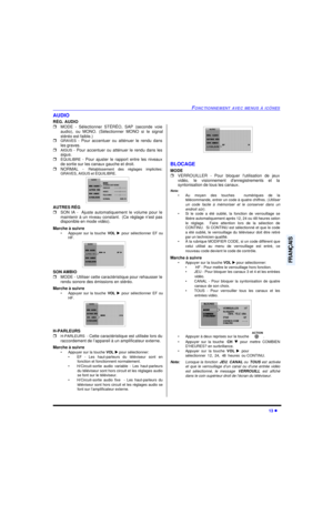 Page 53FONCTIONNEMENT AVEC MENUS À ICÔNES13 lFRANÇAISAUDIO
RÉG. AUDIO
rMODE - Sélectionner STÉRÉO, SAP (seconde voie
audio), ou MONO. (Sélectionner MONO si le signal
stéréo est faible.)
rGRAVES - Pour accentuer ou atténuer le rendu dans
les graves.
rAIGUS - Pour accentuer ou atténuer le rendu dans les
aigus.
rÉQUILIBRE - Pour ajuster le rapport entre les niveaux
de sortie sur les canaux gauche et droit.
rNORMAL - Rétablissement des réglages implicites:
GRAVES, AIGUS et ÉQUILIBRE. 
AUTRES RÉG
rSON IA -  Ajuste...