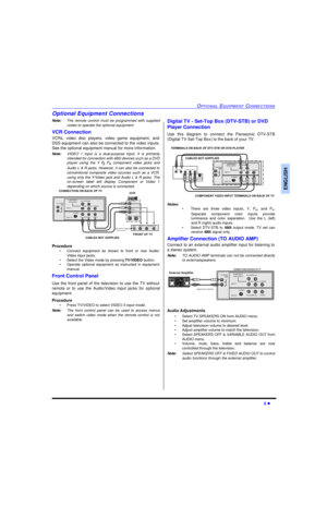 Page 7OPTIONAL EQUIPMENT CONNECTIONS5 lENGLISHOptional Equipment Connections
Note:The remote control must be programmed with supplied
codes to operate the optional equipment.
VCR Connection 
VCRs, video disc players, video game equipment, and
DSS equipment can also be connected to the video inputs.
See the optional equipment manual for more information. 
Note:VIDEO 1 input is a dual-purpose input. It is primarily
intended for connection with 480i devices such as a DVD
player using the Y P
B P
R component video...